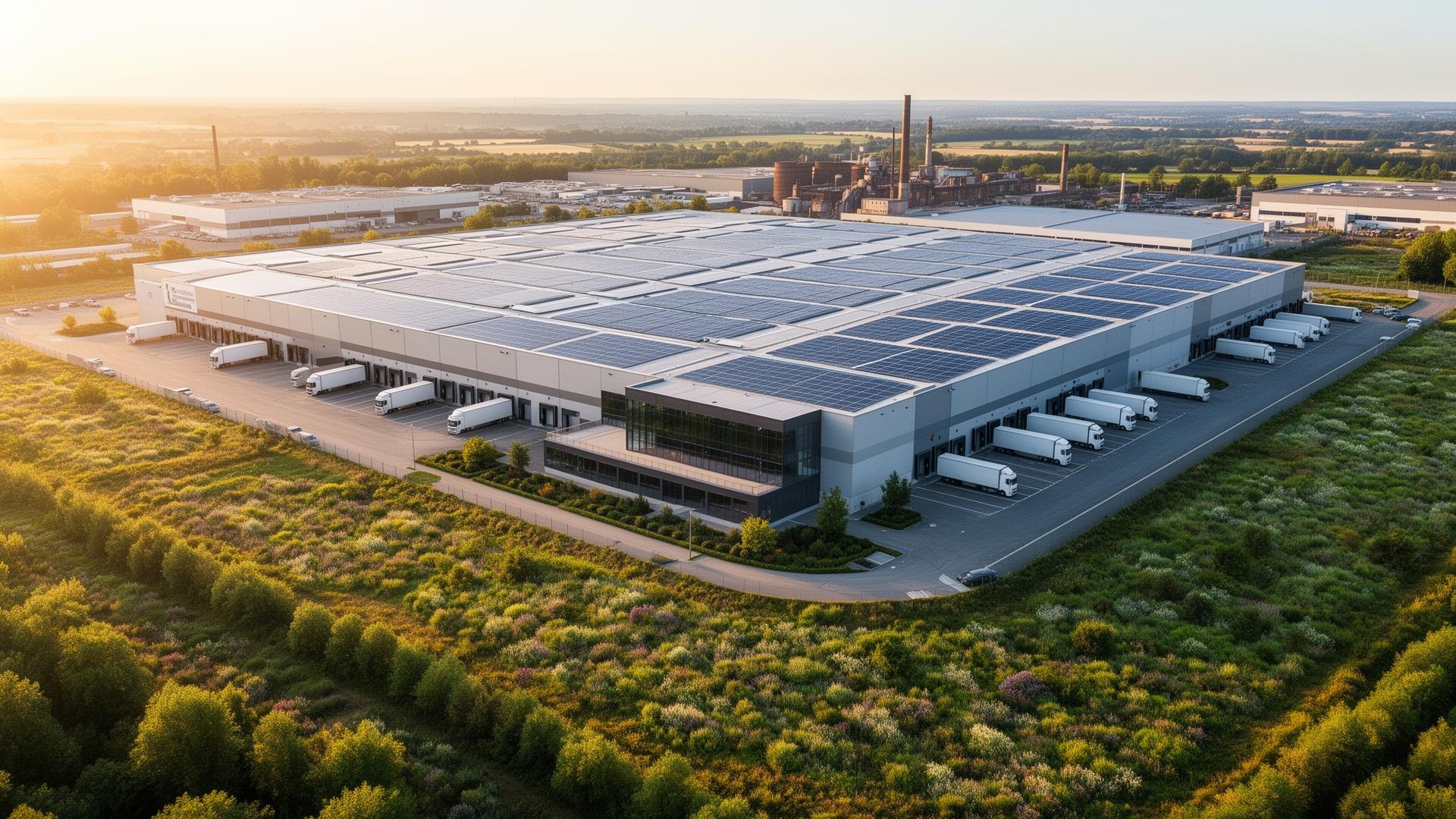 Entrepôt logistique moderne construit sur une friche industrielle reconvertie, illustrant la sobriété foncière imposée par le ZAN